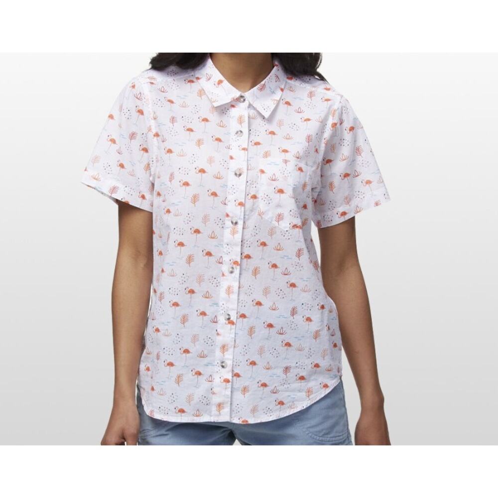 KAVU Flamingo Novelty Button Front Girl Party Shirt Women’s S Cotton Tropical